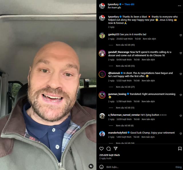 Image from Tyson Fury's video announcing his retirement from boxing.