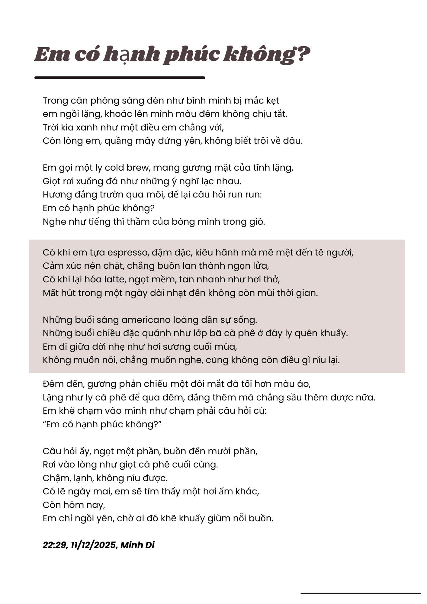 Bài thơ Em có hạnh phúc không tác giả Minh Di 